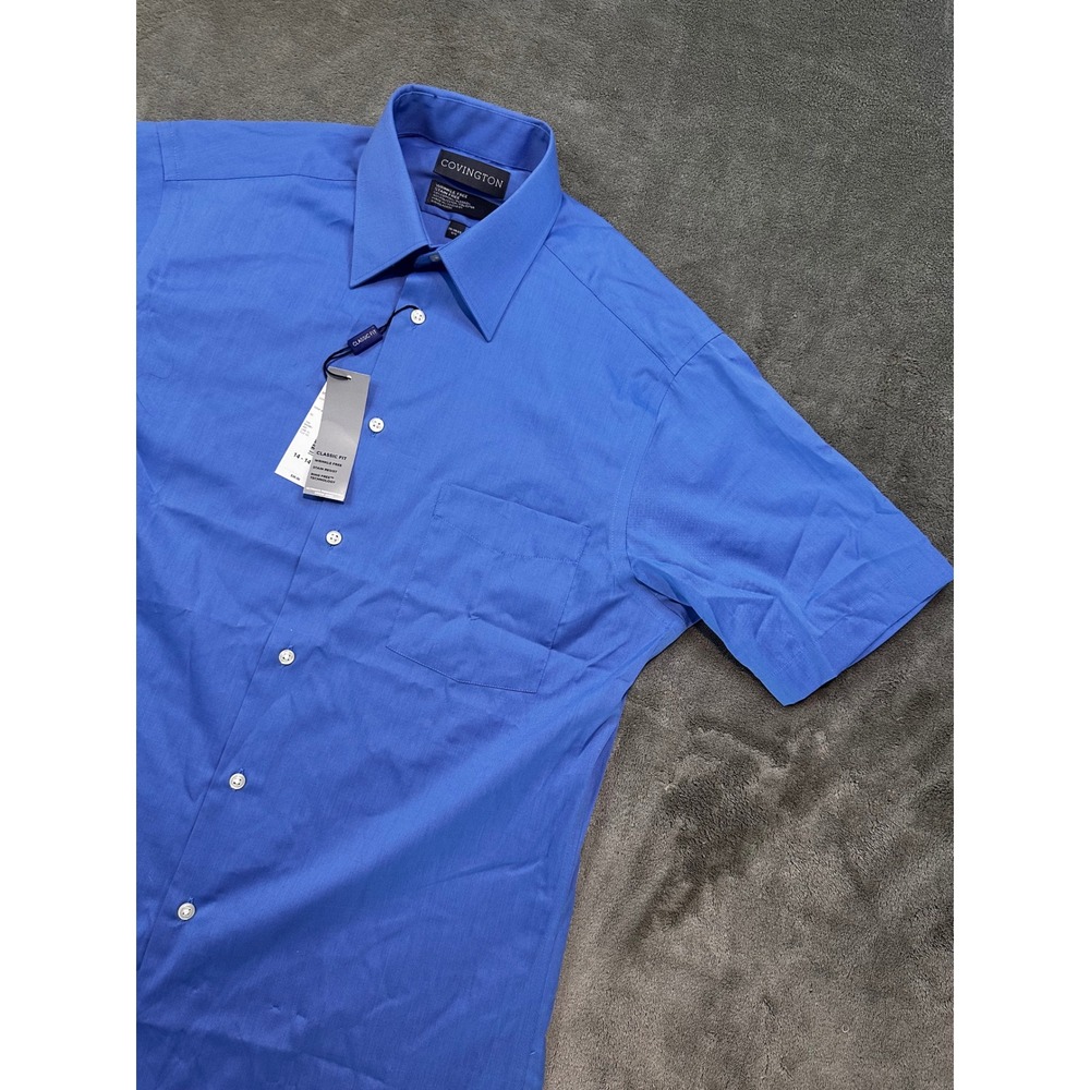 Covington Mens Blue Short Sleeve Dress Shirt Classic Fit Wrinkle Free 14-14.5 S